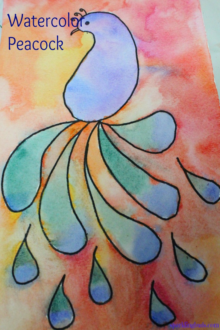 Easy watercolor peacock for kids